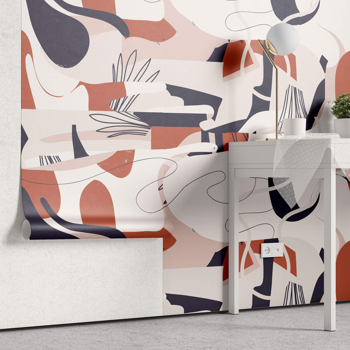 Tapet personalizat Line Art cu elemente abstracte in nuante vivide de corai - VIVID LINE ART