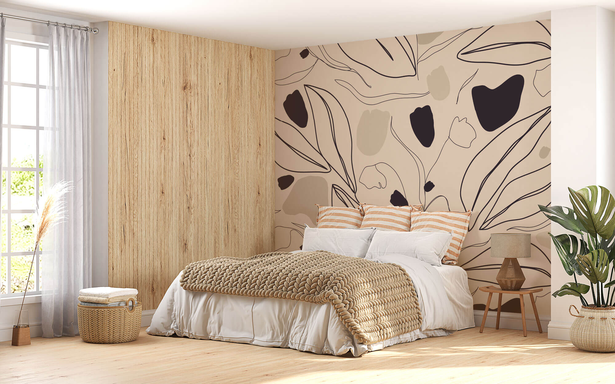 Tapet personalizat Line Art cu plante abstracte in nuante de bej - BEIGE LINE TULIPS