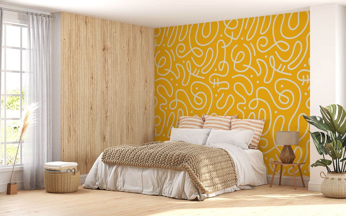 Tapet personalizat Line Art cu model modern minimalist jucaus in nuante vibrante de galben - YELLOW BRIGHT