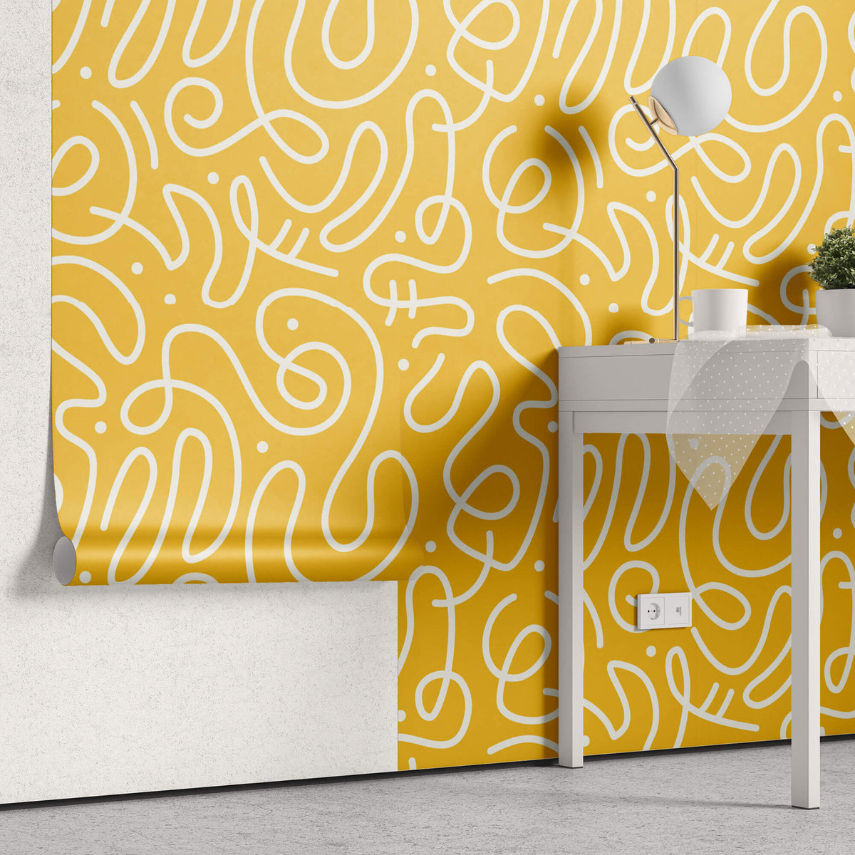Tapet personalizat Line Art cu model modern minimalist jucaus in nuante vibrante de galben - YELLOW BRIGHT