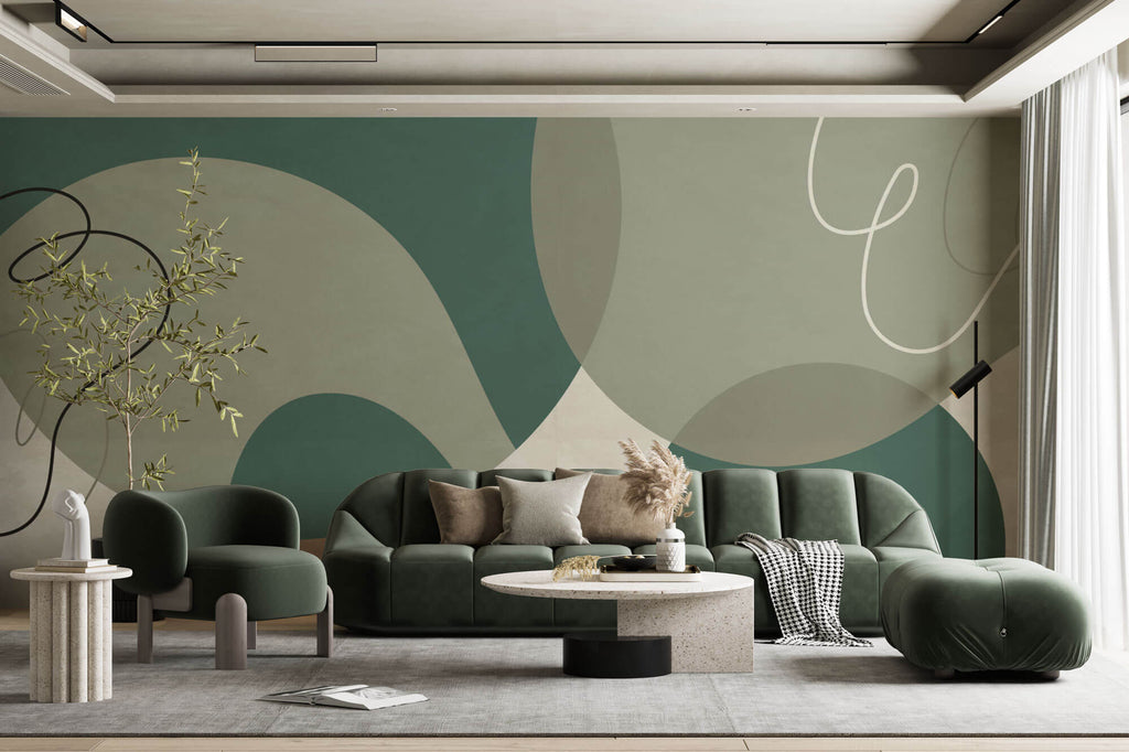 Tapet personalizat Line Art cu forme abstracte in nuante de verde - GREEN AESTHETIC