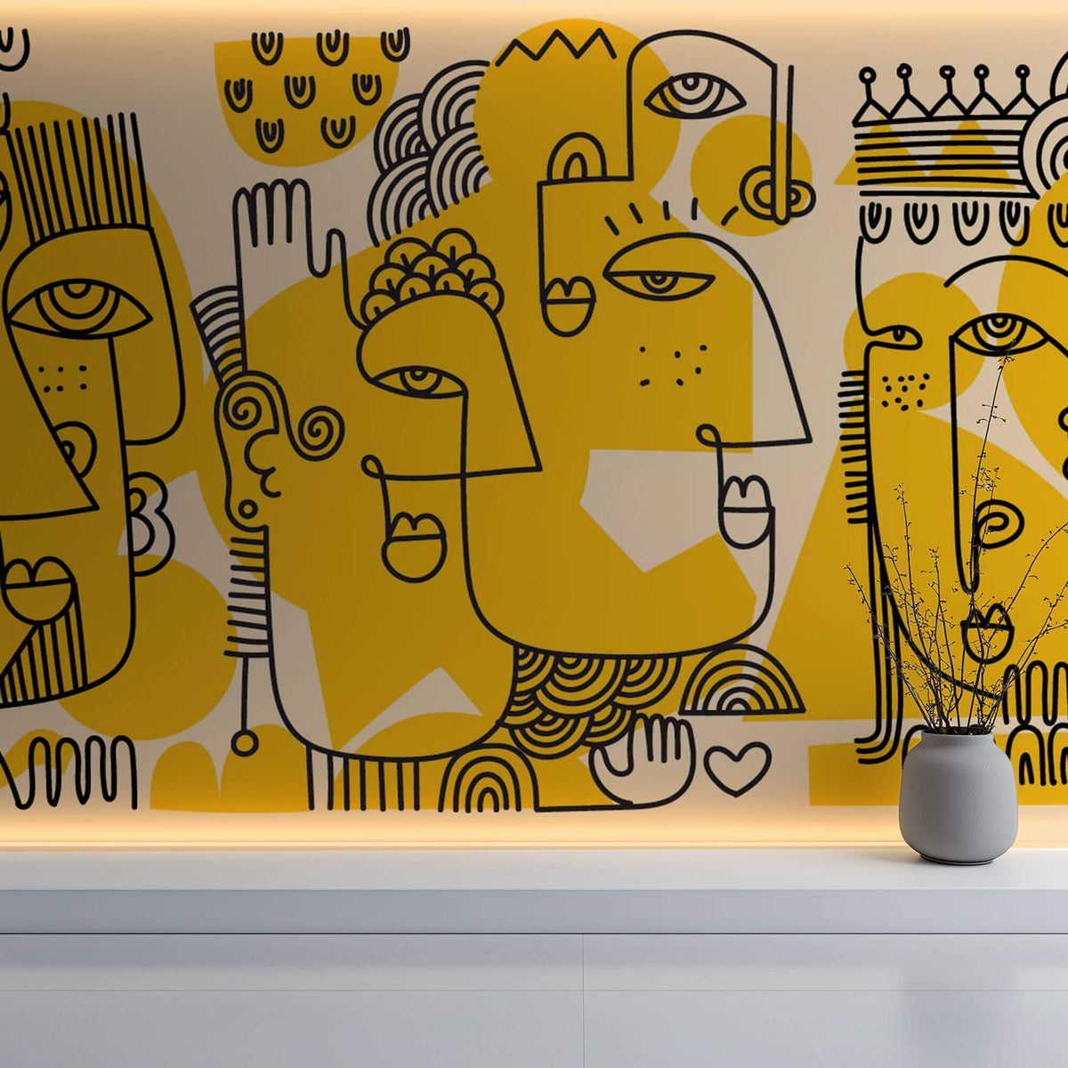 Tapet personalizat Line Art cu portrete abstracte in stil line art in nuante de galben - ECHOES OF IDENTITY