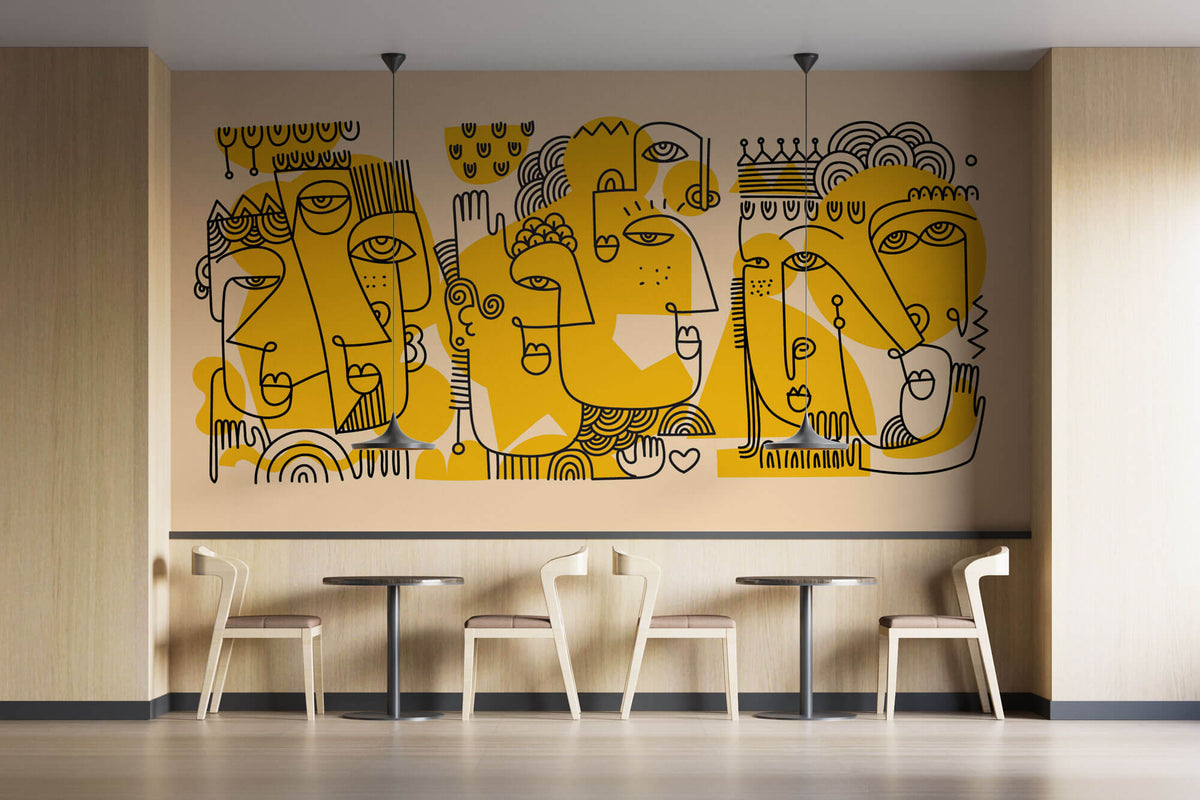 Tapet personalizat Line Art cu portrete abstracte in stil line art in nuante de galben - ECHOES OF IDENTITY