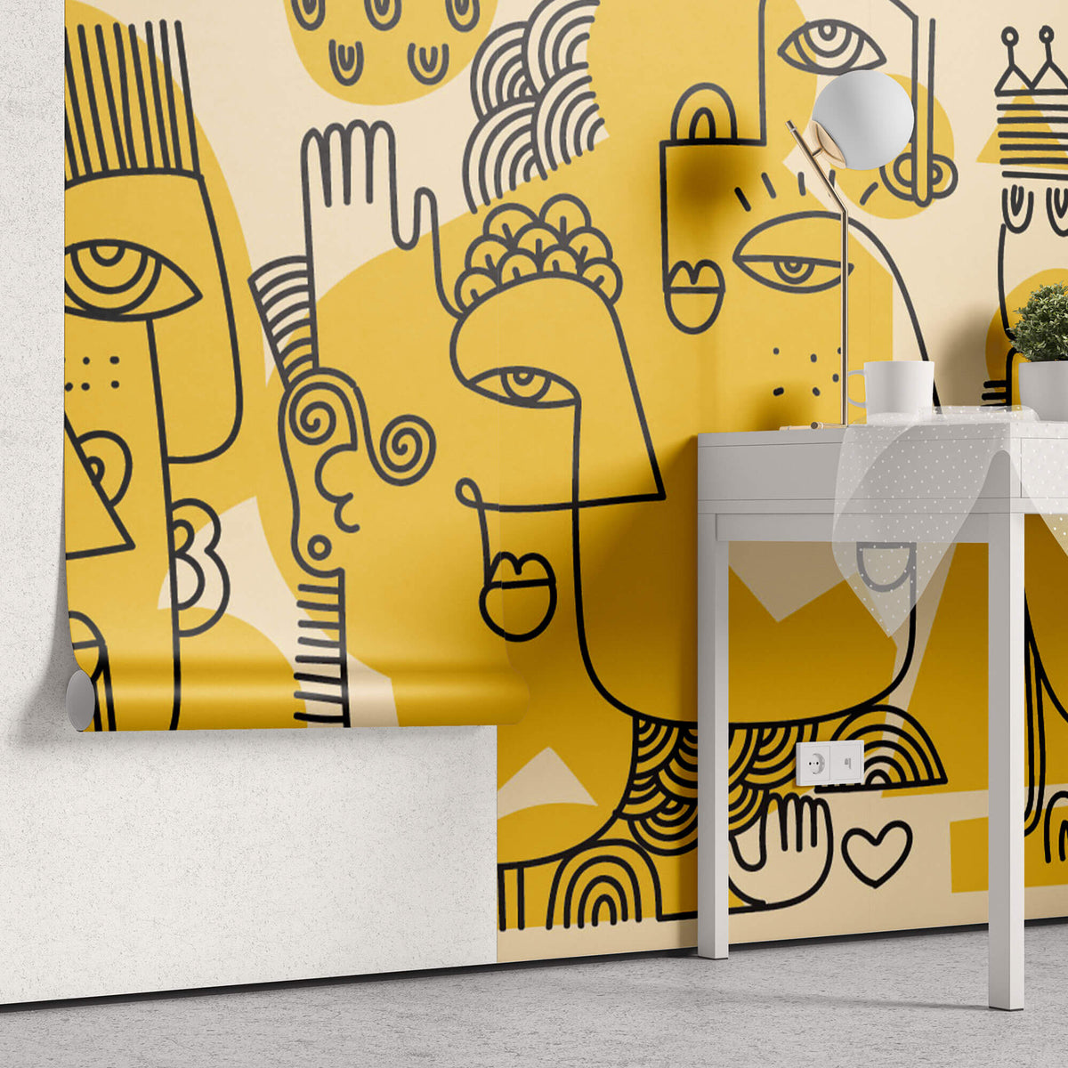 Tapet personalizat Line Art cu portrete abstracte in stil line art in nuante de galben - ECHOES OF IDENTITY