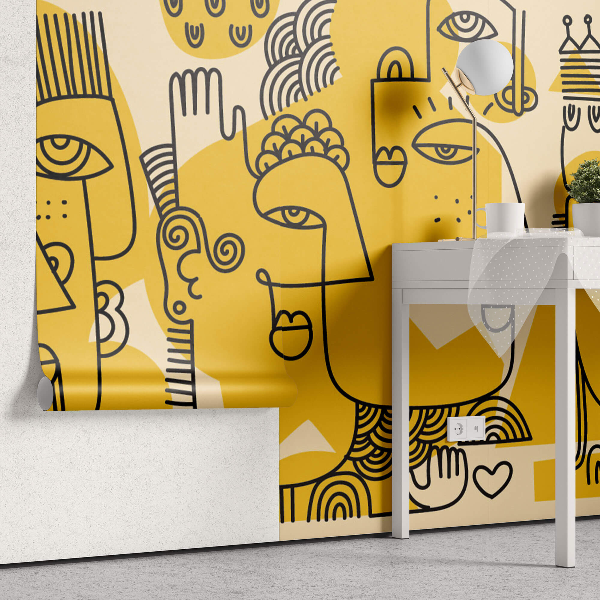 Tapet personalizat Line Art cu portrete abstracte in stil line art in nuante de galben - ECHOES OF IDENTITY