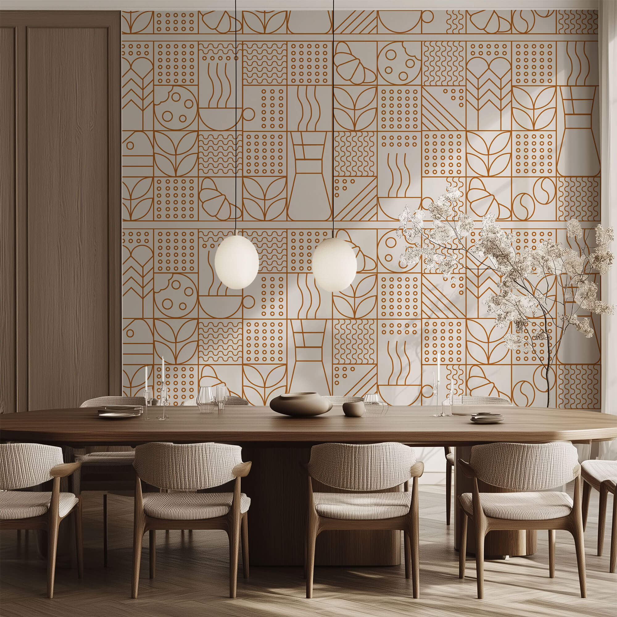 Tapet personalizat Line Art cu model minimalist cu elemente specifice ritualului de dimineata - GOOD MORNING