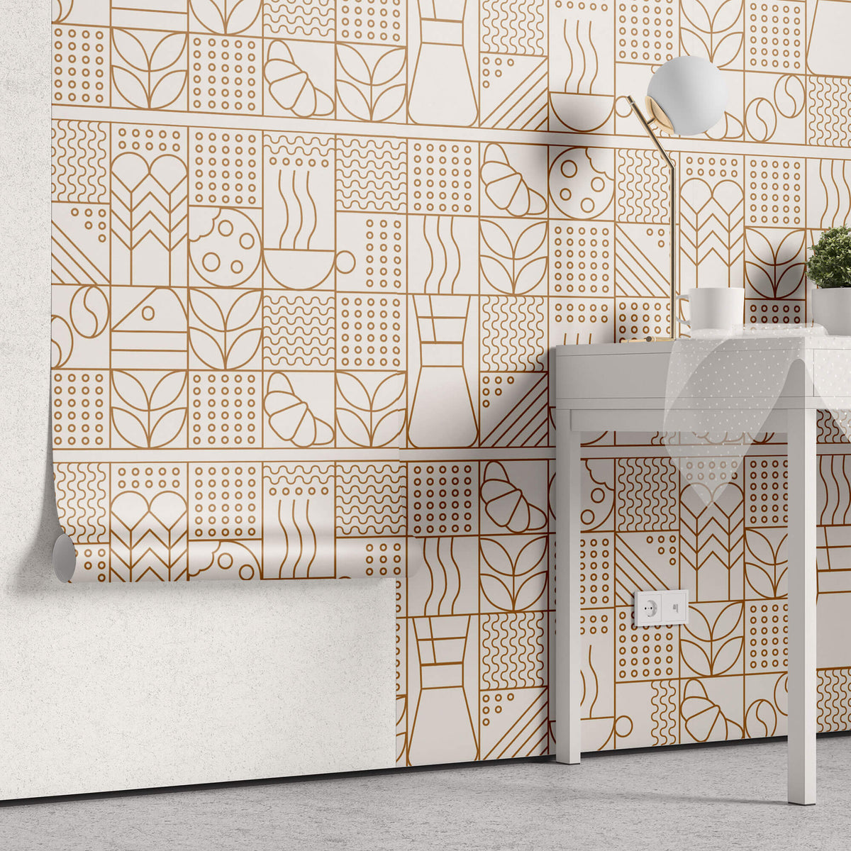 Tapet personalizat Line Art cu model minimalist cu elemente specifice ritualului de dimineata - GOOD MORNING