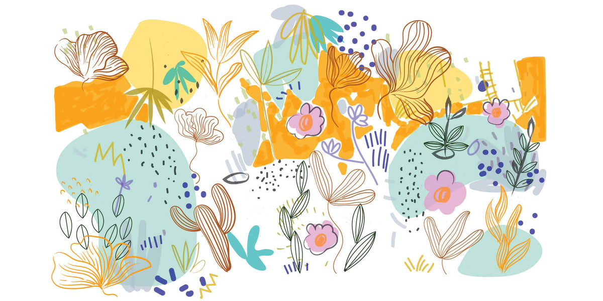 Tapet personalizat Line Art cu arta digitala abstracta cu elemente botanice in nuante vibrante - BOTANIC UTOPIA