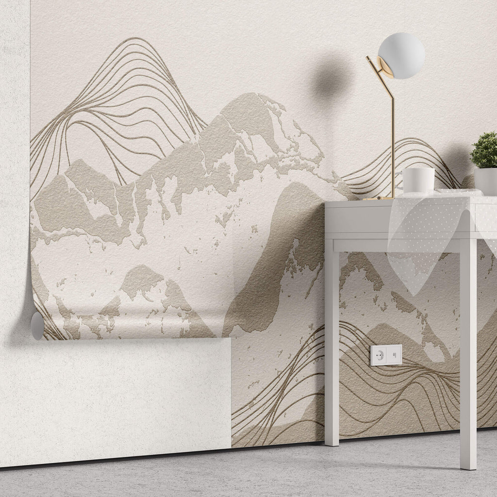 Tapet personalizat Line Art cu peisaj montan cu munti texturati in nuante de bej - FREQUENCY MOUNTAINS
