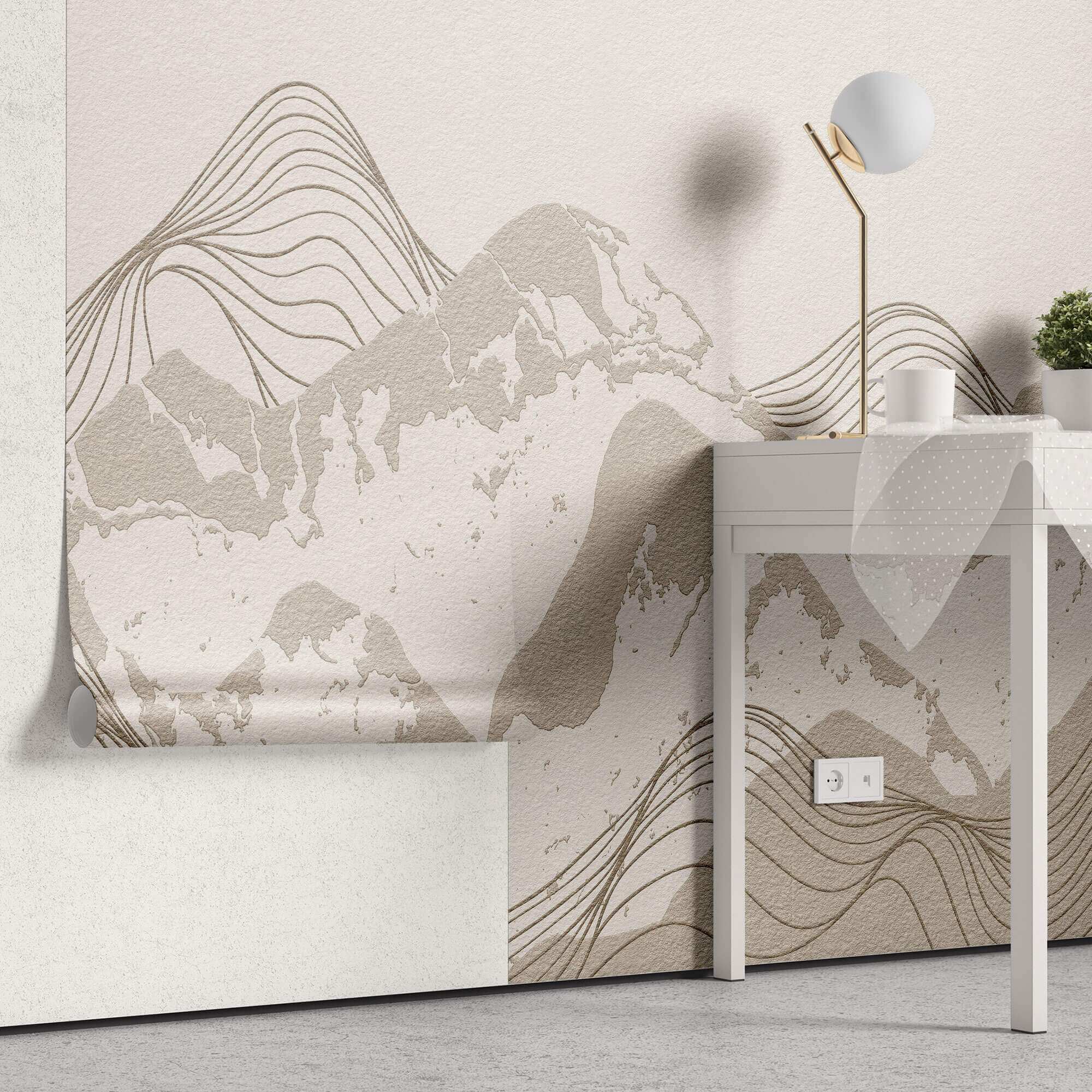 Tapet personalizat Line Art cu peisaj montan cu munti texturati in nuante de bej - FREQUENCY MOUNTAINS