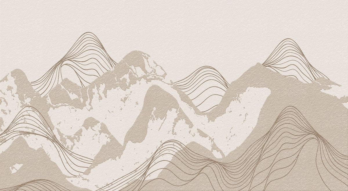 Tapet personalizat Line Art cu peisaj montan cu munti texturati in nuante de bej - FREQUENCY MOUNTAINS