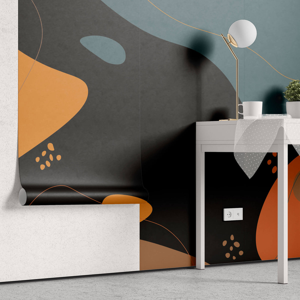 Tapet personalizat Line Art cu forme fluide abstracte in nuante de portocaliu si turcoaz pe un fundal negru - MIDNIGHT FLUIDITY