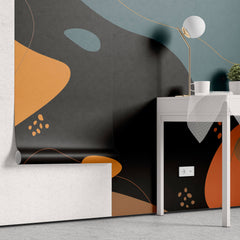 Tapet personalizat Line Art cu forme fluide abstracte in nuante de portocaliu si turcoaz pe un fundal negru - MIDNIGHT FLUIDITY