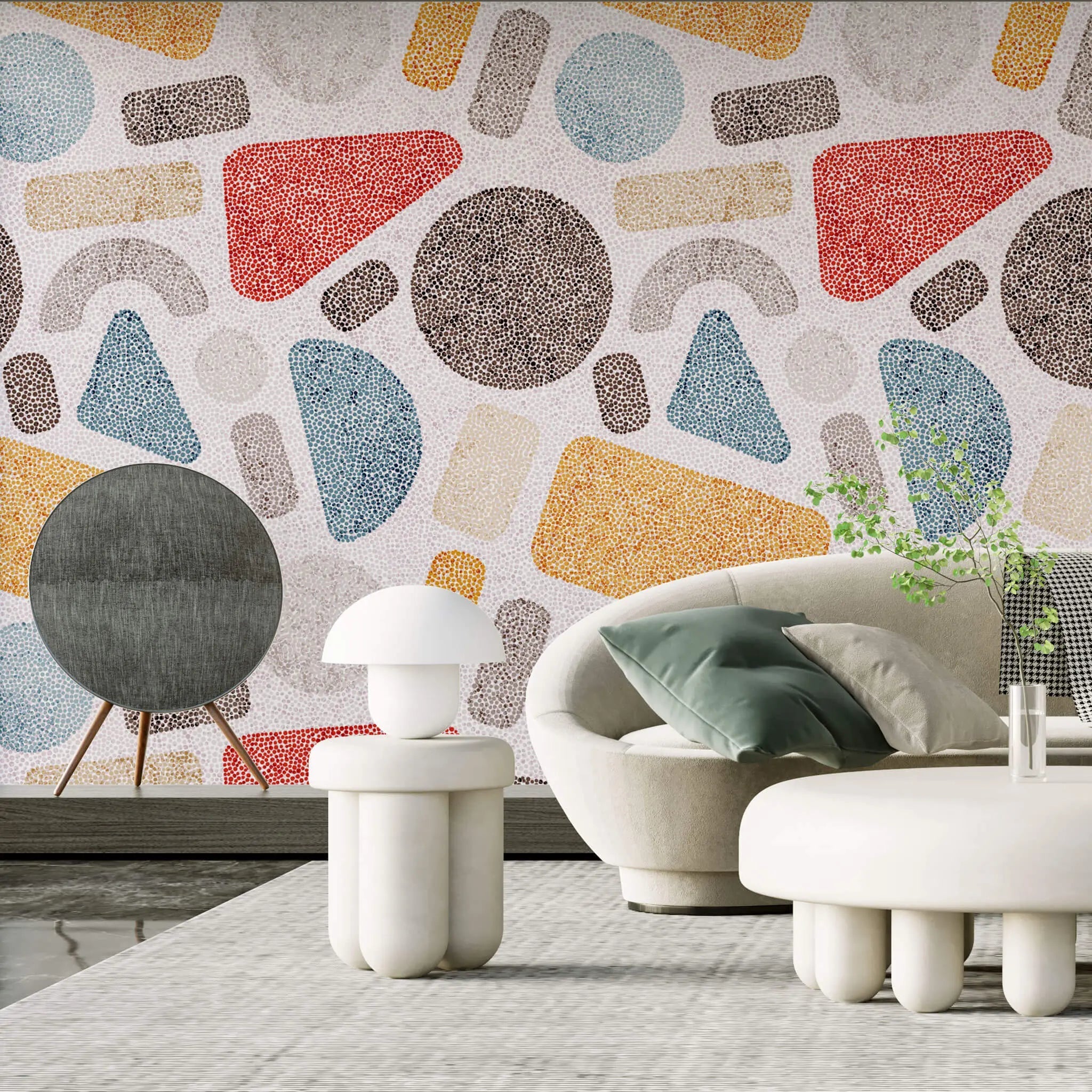 Tapet personalizat modern cu forme geometrice punctate colorate in stil retro retro dots