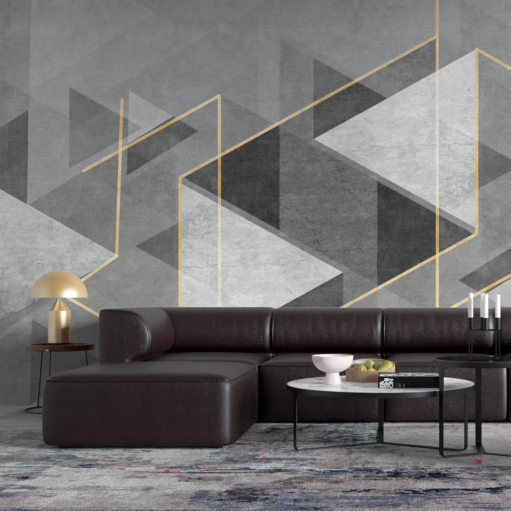 Tapet personalizat modern cu forme abstracte in nuante de gri si detalii aurii the grey illusion
