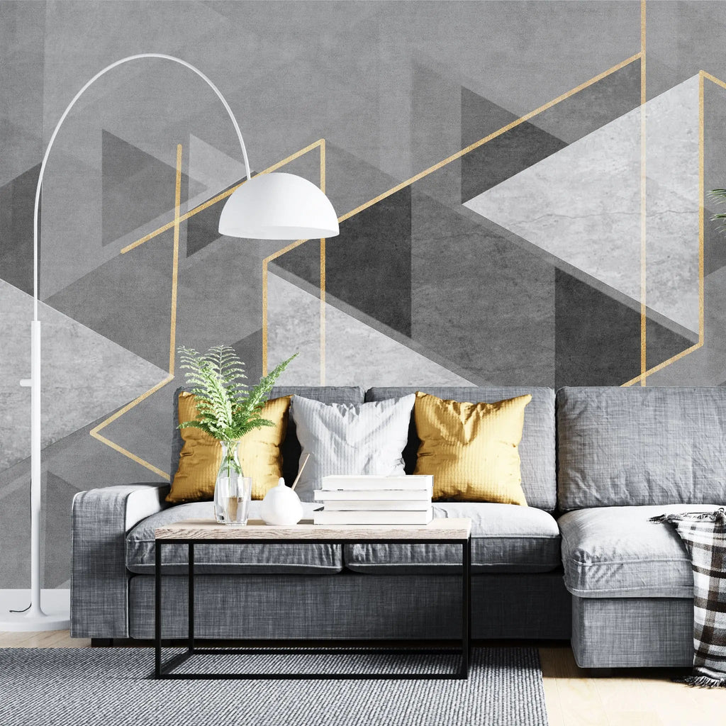 Tapet personalizat modern cu forme abstracte in nuante de gri si detalii aurii the grey illusion