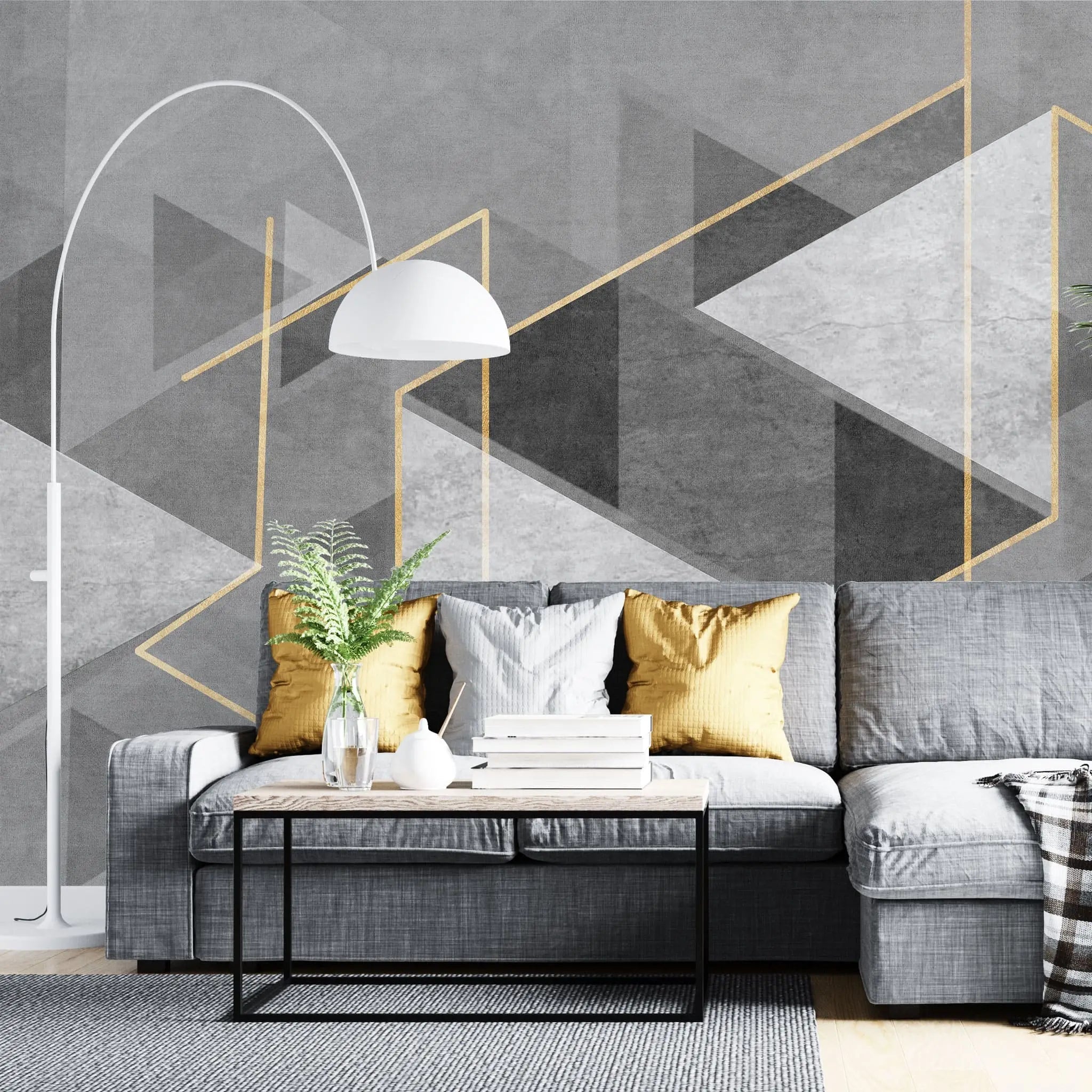 Tapet personalizat modern cu forme abstracte in nuante de gri si detalii aurii the grey illusion