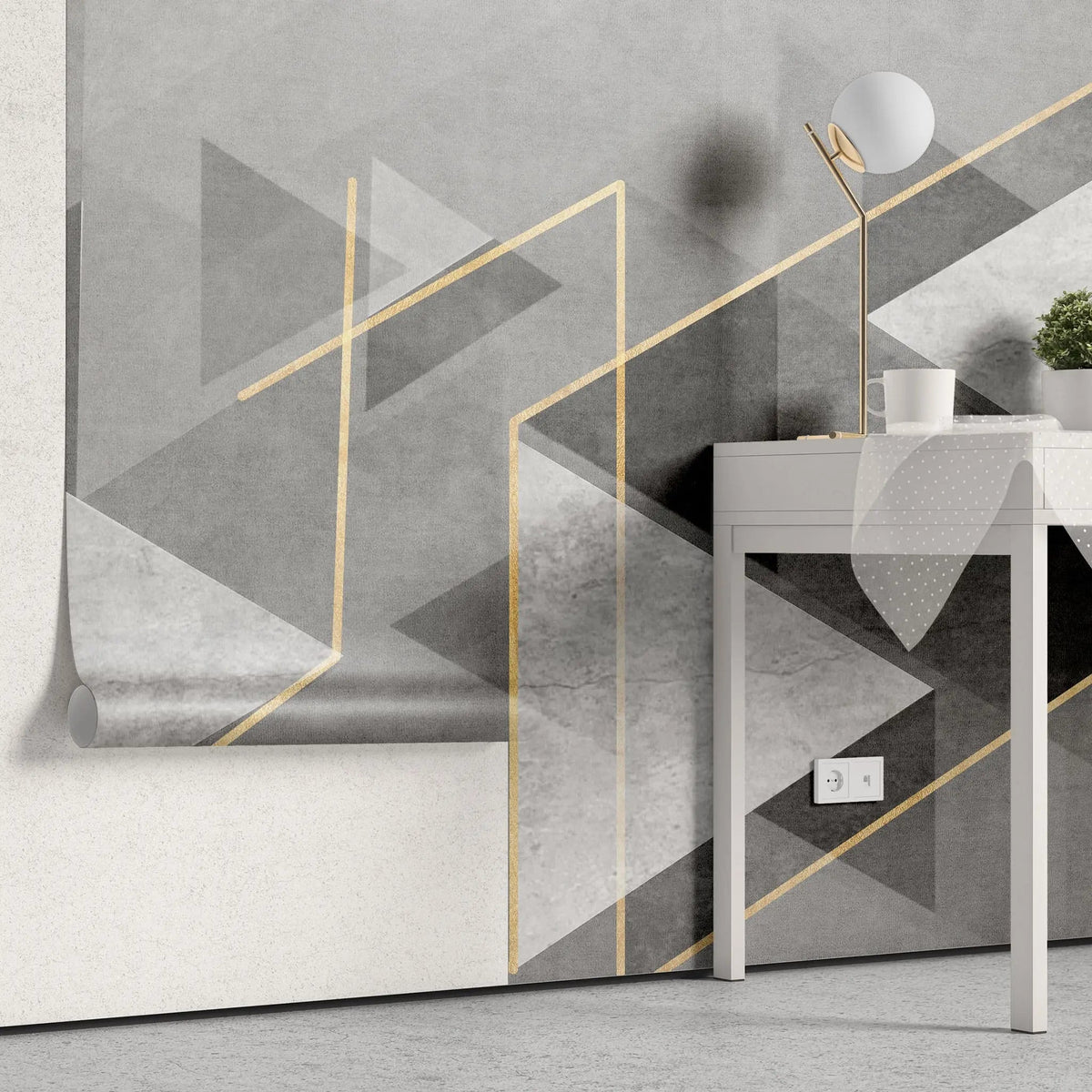 Tapet personalizat modern cu forme abstracte in nuante de gri si detalii aurii the grey illusion