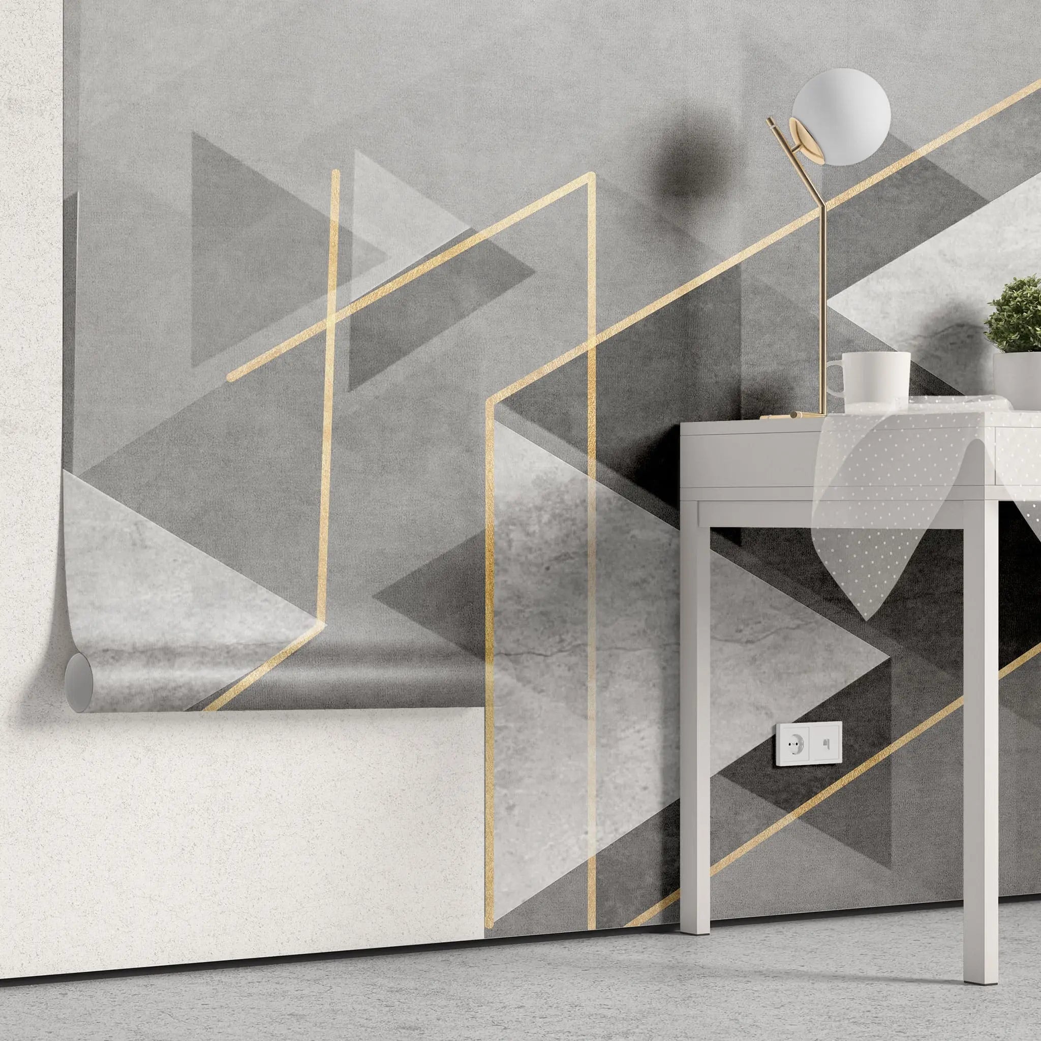 Tapet personalizat modern cu forme abstracte in nuante de gri si detalii aurii the grey illusion