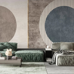 Tapet personalizat modern cu cercuri simetrice in nuante de bej si albastru intr un design unic twin circles