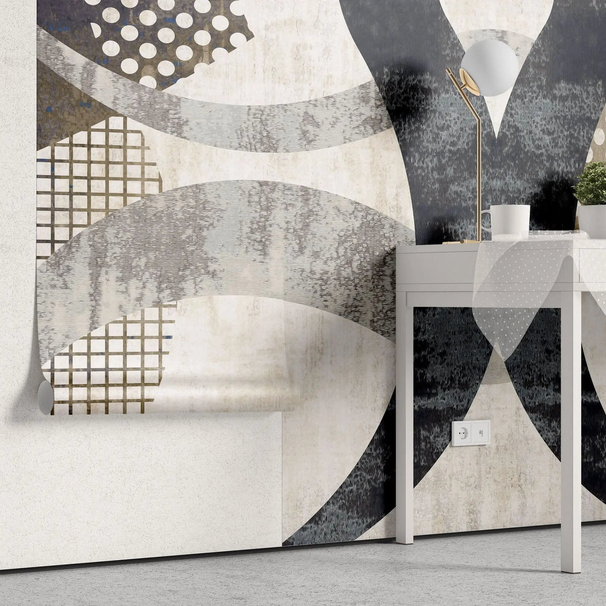 Tapet personalizat modern cu forme abstracte moderne in nuante de negru si culori pamantii black loop