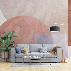 Tapet personalizat modern cu forme minimaliste in nuante de roz pe un fundal alb overlap