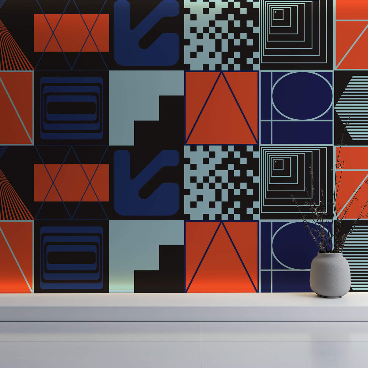 Tapet personalizat Modern cu elemente abstracte geometrice in nuante de rosu si albastru - ABSTRACT PERSPECTIVES