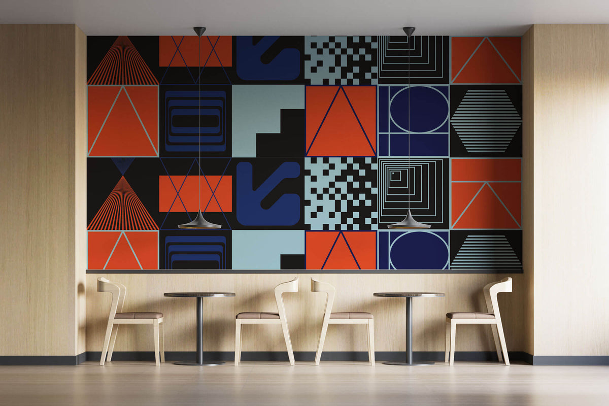 Tapet personalizat Modern cu elemente abstracte geometrice in nuante de rosu si albastru - ABSTRACT PERSPECTIVES