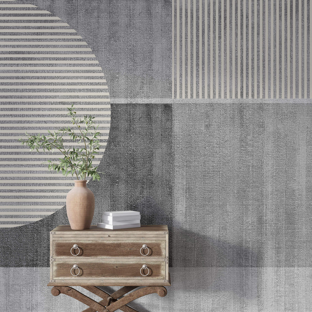 Tapet personalizat Modern cu semicercuri in dungi bej pe un fundal gri plaster - HALF CIRCLE STRIPES