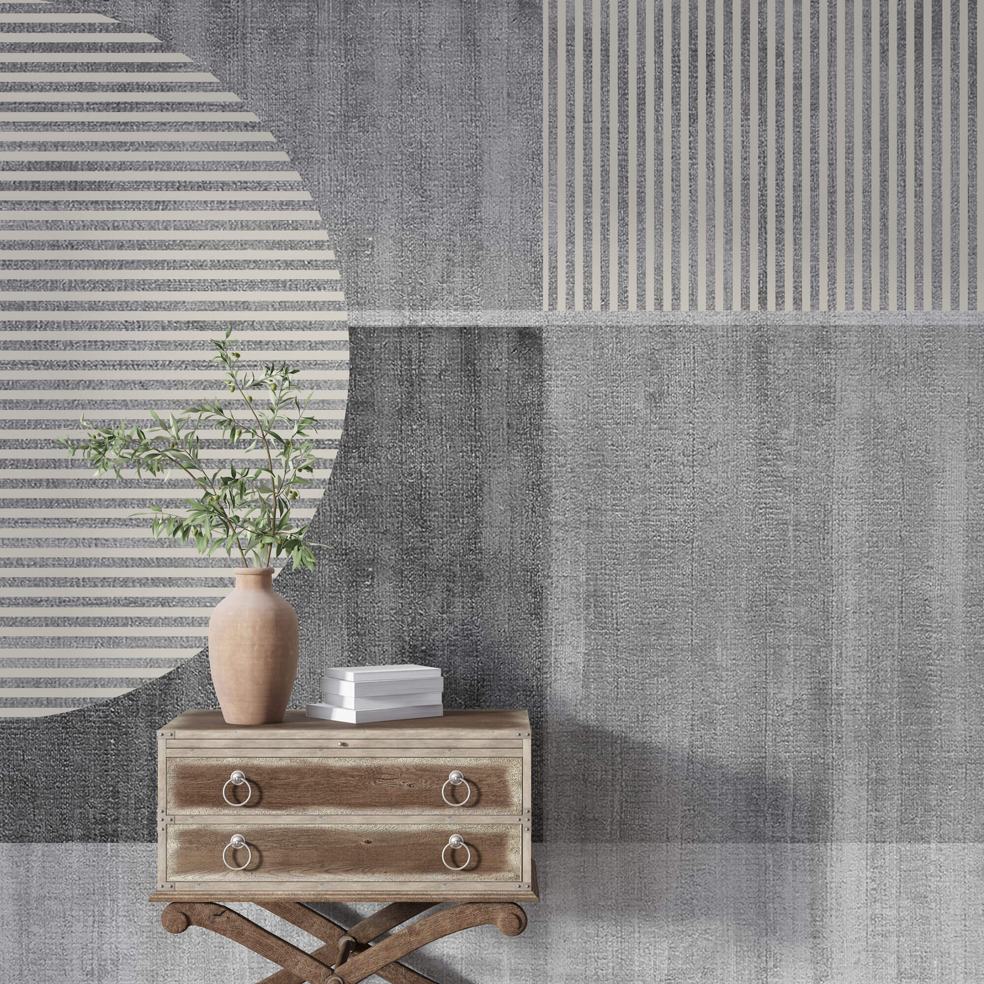 Tapet personalizat Modern cu semicercuri in dungi bej pe un fundal gri plaster - HALF CIRCLE STRIPES