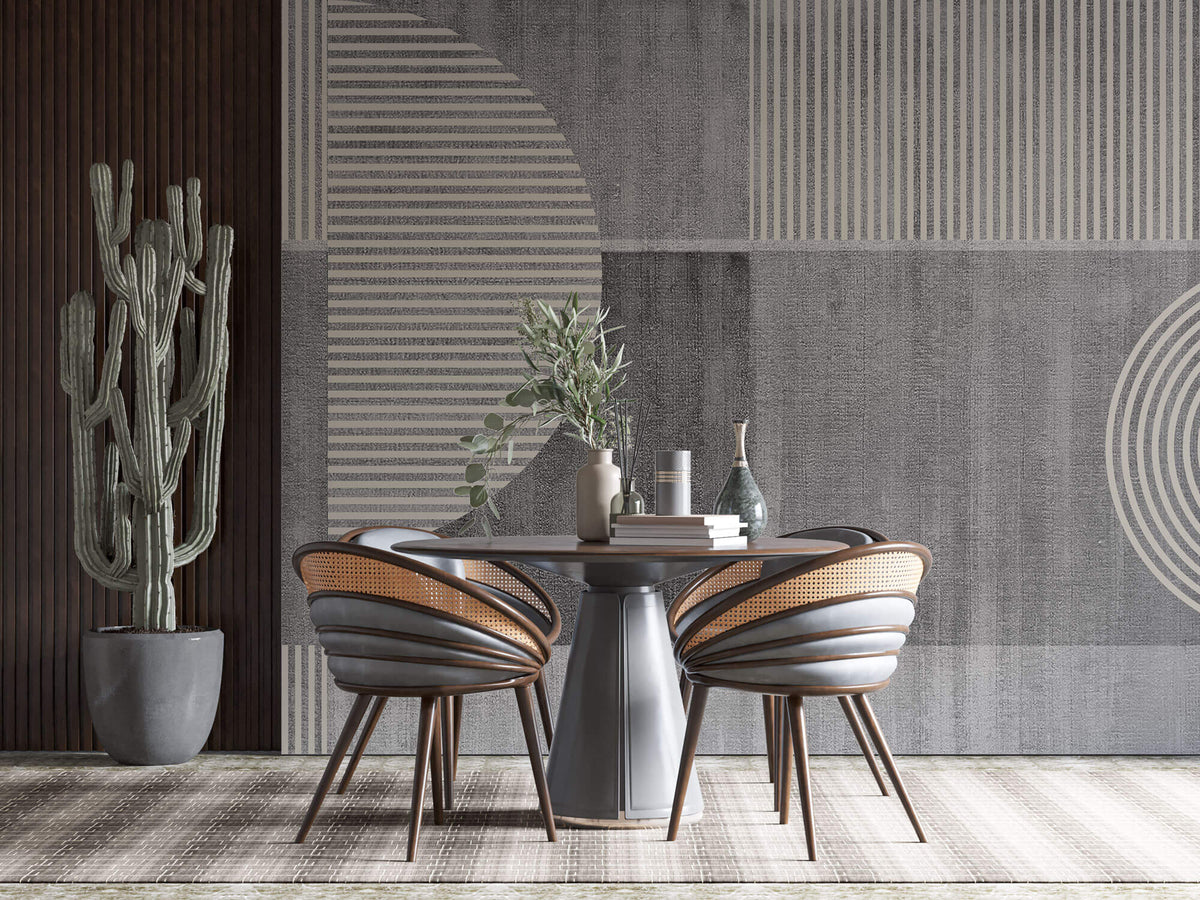 Tapet personalizat Modern cu semicercuri in dungi bej pe un fundal gri plaster - HALF CIRCLE STRIPES