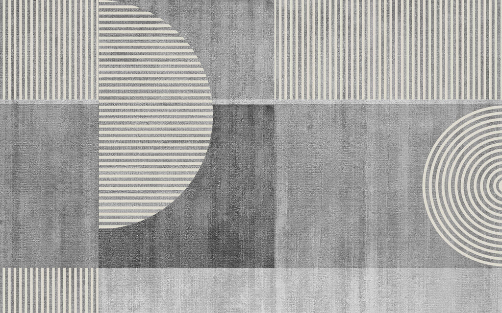 Tapet personalizat Modern cu semicercuri in dungi bej pe un fundal gri plaster - HALF CIRCLE STRIPES