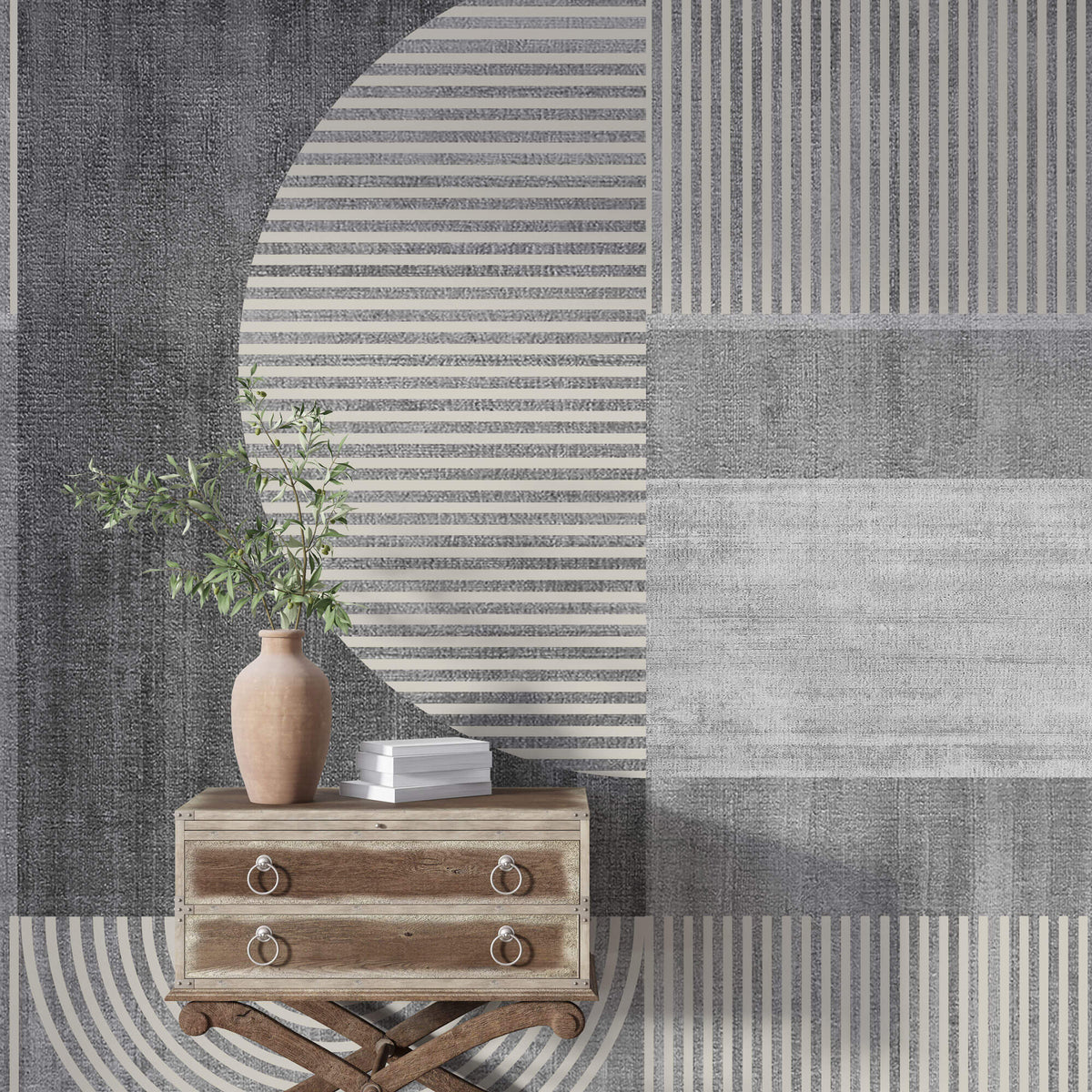 Tapet personalizat Modern cu dungi bej verticale si in semicercuri pe un fundal gri plaster - GRAY PLASTER STRIPES