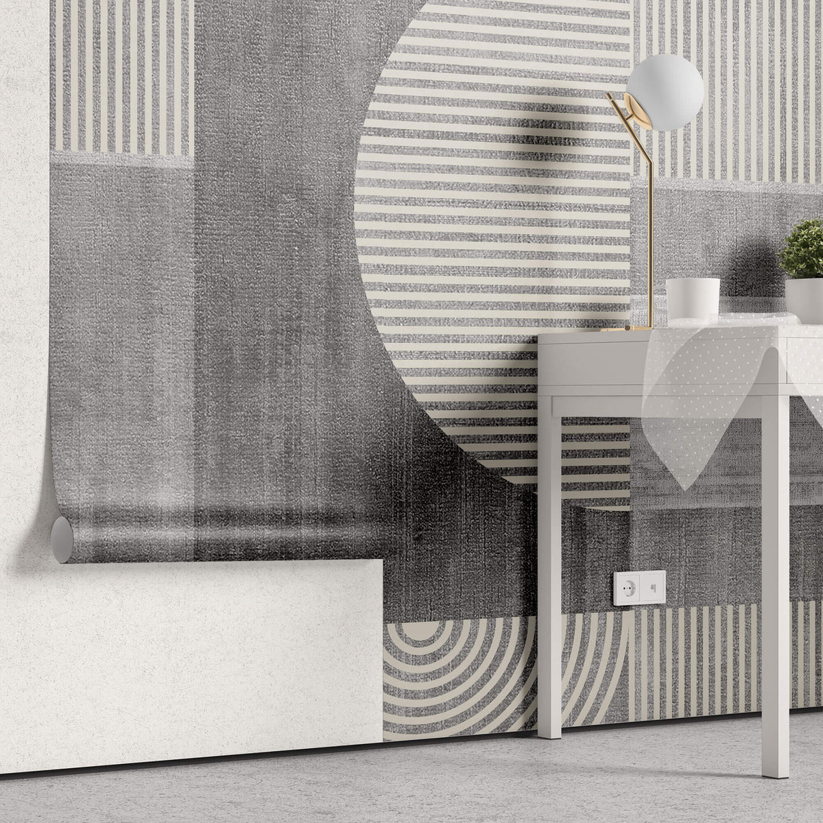 Tapet personalizat Modern cu dungi bej verticale si in semicercuri pe un fundal gri plaster - GRAY PLASTER STRIPES