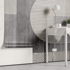 Tapet personalizat Modern cu dungi bej verticale si in semicercuri pe un fundal gri plaster - GRAY PLASTER STRIPES
