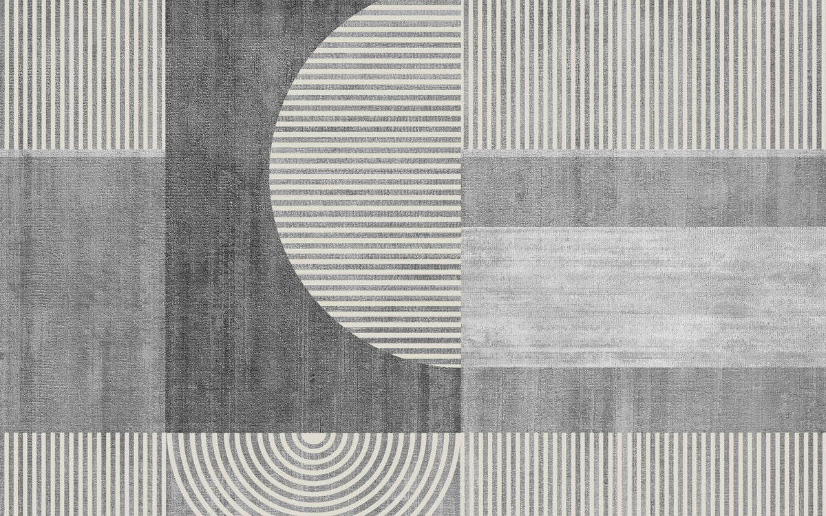 Tapet personalizat Modern cu dungi bej verticale si in semicercuri pe un fundal gri plaster - GRAY PLASTER STRIPES
