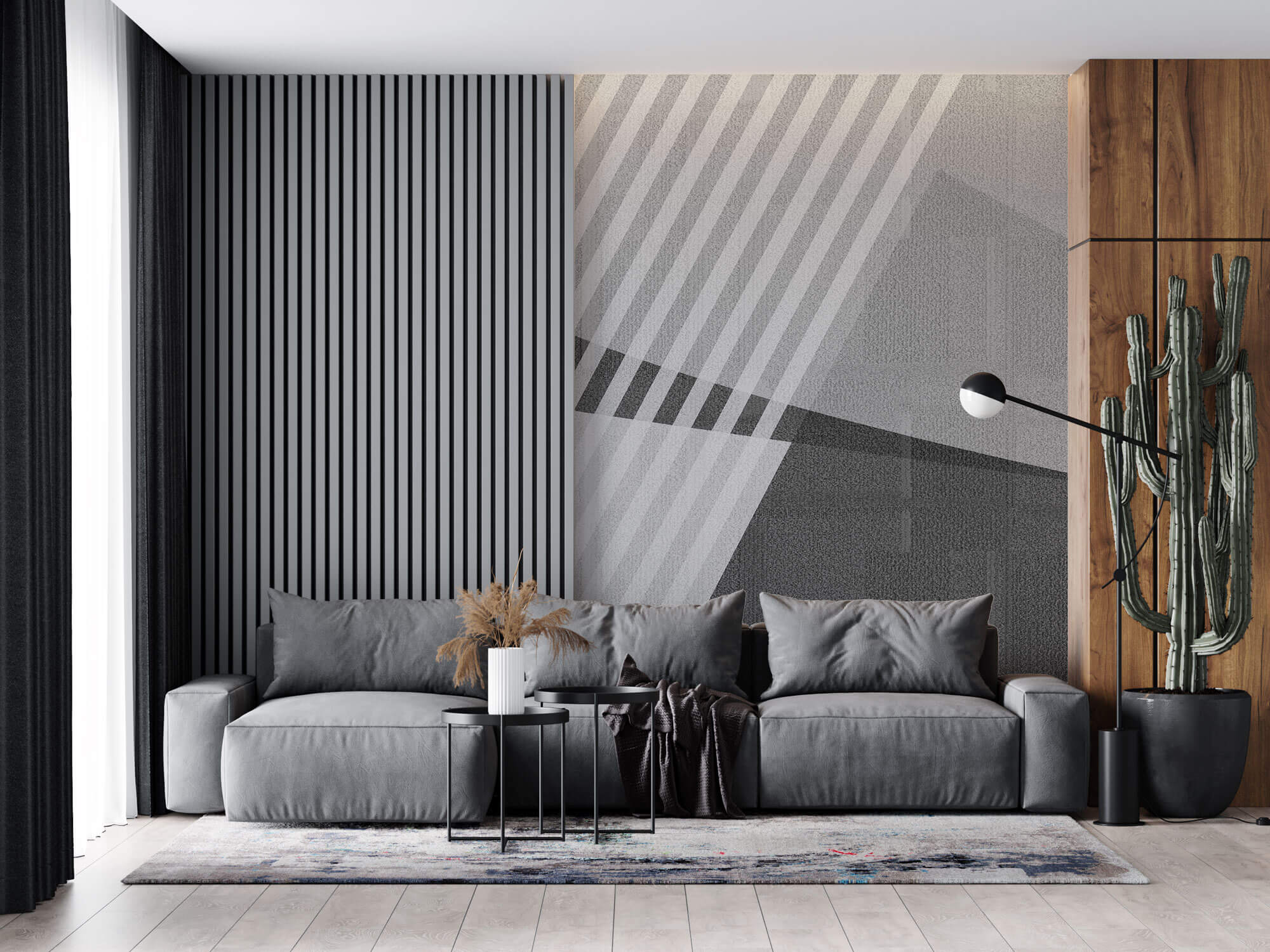 Tapet personalizat Modern cu dungi si forme geometrice diagonale in nuante de gri - GRAY DIAGONAL