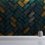 Tapet personalizat Modern cu placi diagonale de lemn in nuante de turoaz si galben - TURQUOISE WOOD