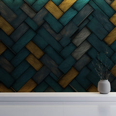 Tapet personalizat Modern cu placi diagonale de lemn in nuante de turoaz si galben - TURQUOISE WOOD