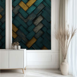 Tapet personalizat Modern cu placi diagonale de lemn in nuante de turoaz si galben - TURQUOISE WOOD