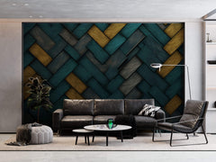 Tapet personalizat Modern cu placi diagonale de lemn in nuante de turoaz si galben - TURQUOISE WOOD