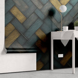 Tapet personalizat Modern cu placi diagonale de lemn in nuante de turoaz si galben - TURQUOISE WOOD