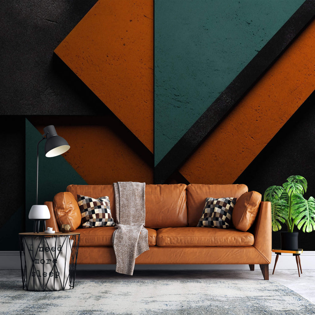 Tapet personalizat Modern cu forme abstracte cu efect 3D in nuante de portocaliu si turcoaz - MODERN STONE WALL