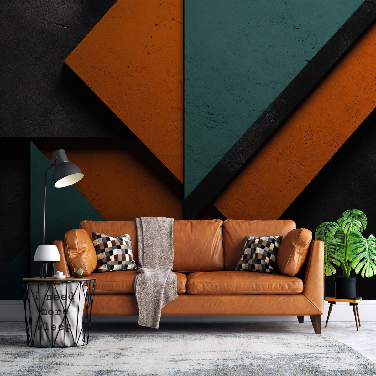 Tapet personalizat Modern cu forme abstracte cu efect 3D in nuante de portocaliu si turcoaz - MODERN STONE WALL