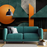 Tapet personalizat Modern cu forme geometrice marmorate cu efect 3D in nuante de turcoaz si portocaliu - MARBLED ORANGE
