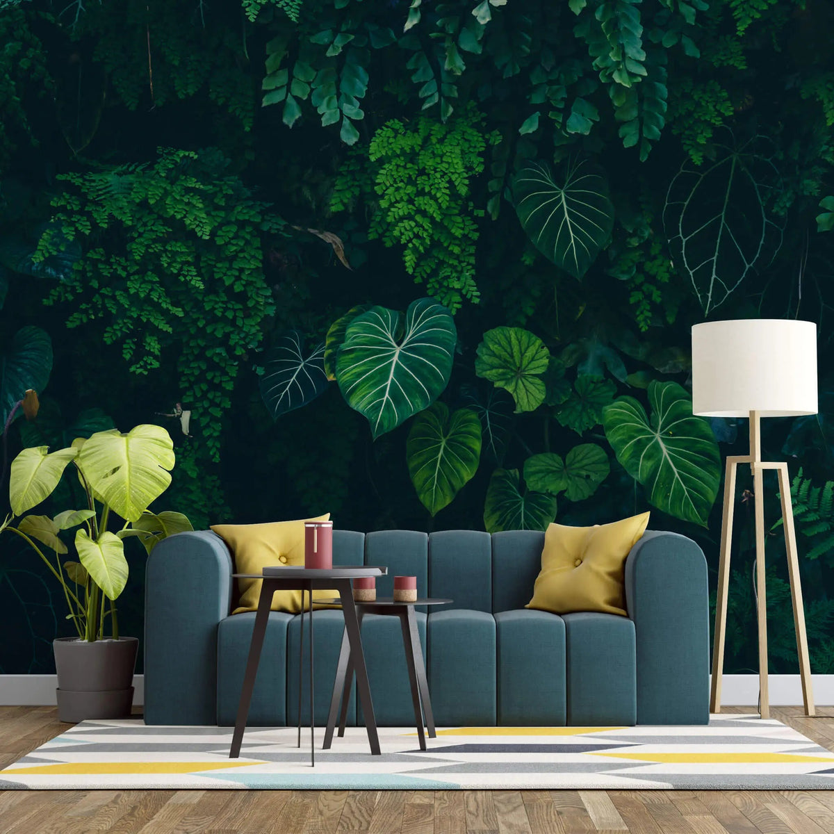 Tapet personalizat forest cu frunze verzi intr un fundal intunecat tropical dark
