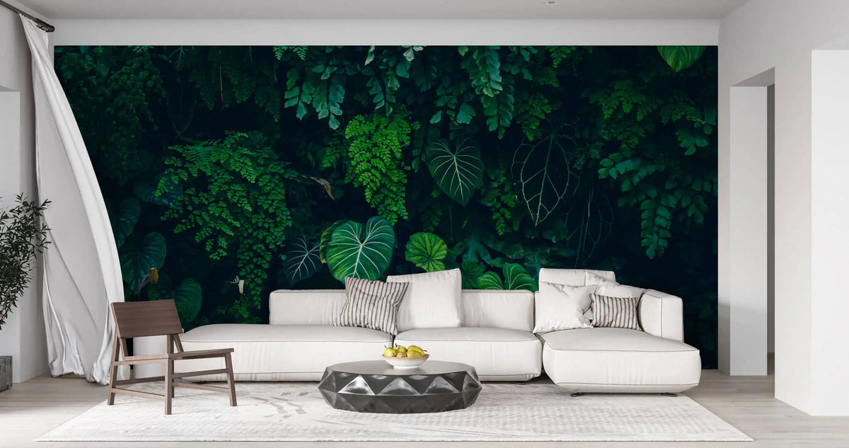 Tapet personalizat forest cu frunze verzi intr un fundal intunecat tropical dark