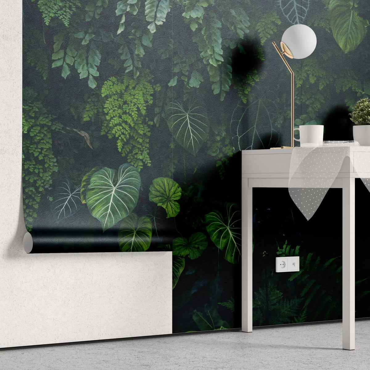 Tapet personalizat forest cu frunze verzi intr un fundal intunecat tropical dark