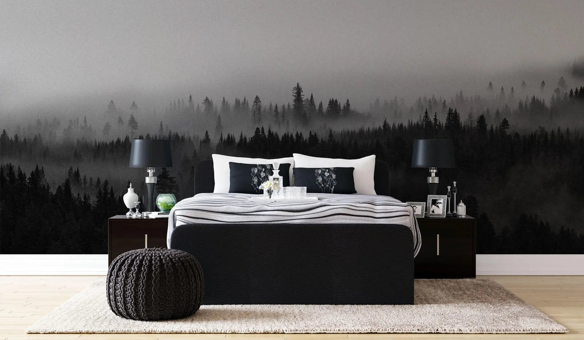 Tapet personalizat forest alb negru cu padure de conifere aflata in ceata black 'n white fog