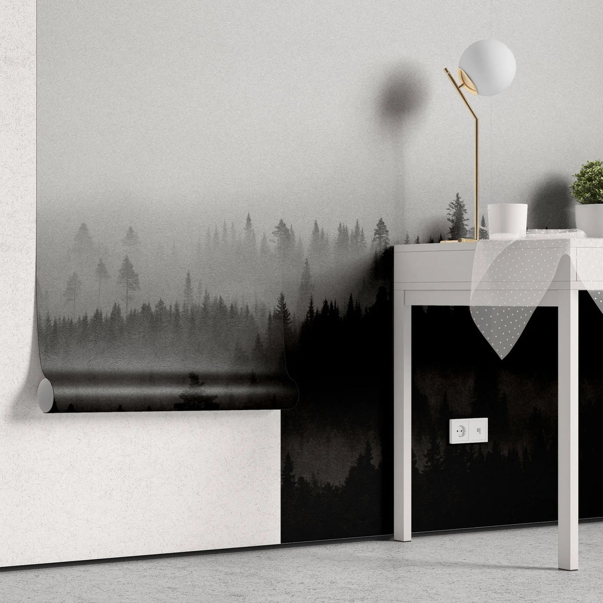 Tapet personalizat forest alb negru cu padure de conifere aflata in ceata black 'n white fog